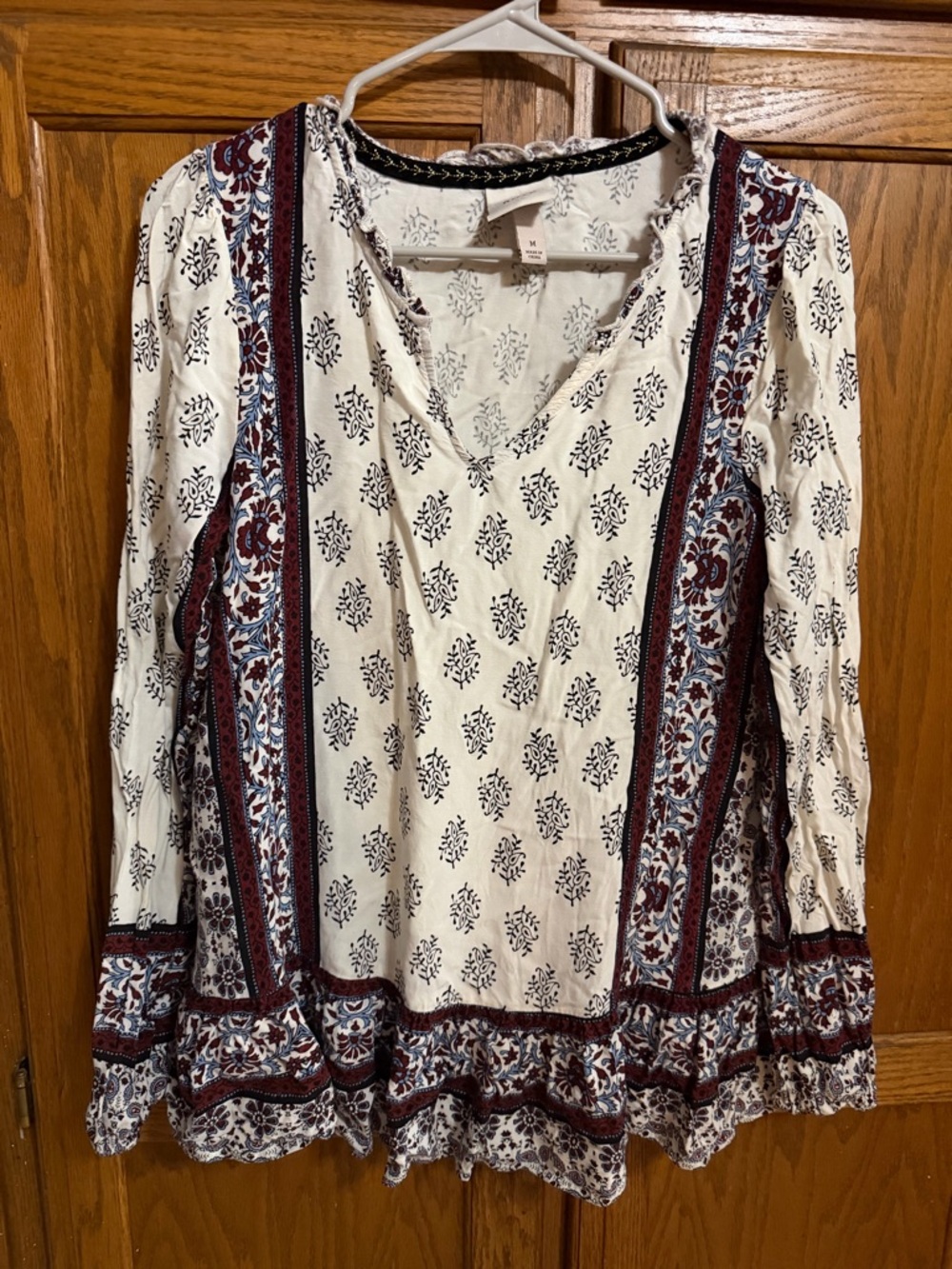 Knox Rose Cream Floral Border Long Sleeve Tunic with Burgundy and Navy Accents